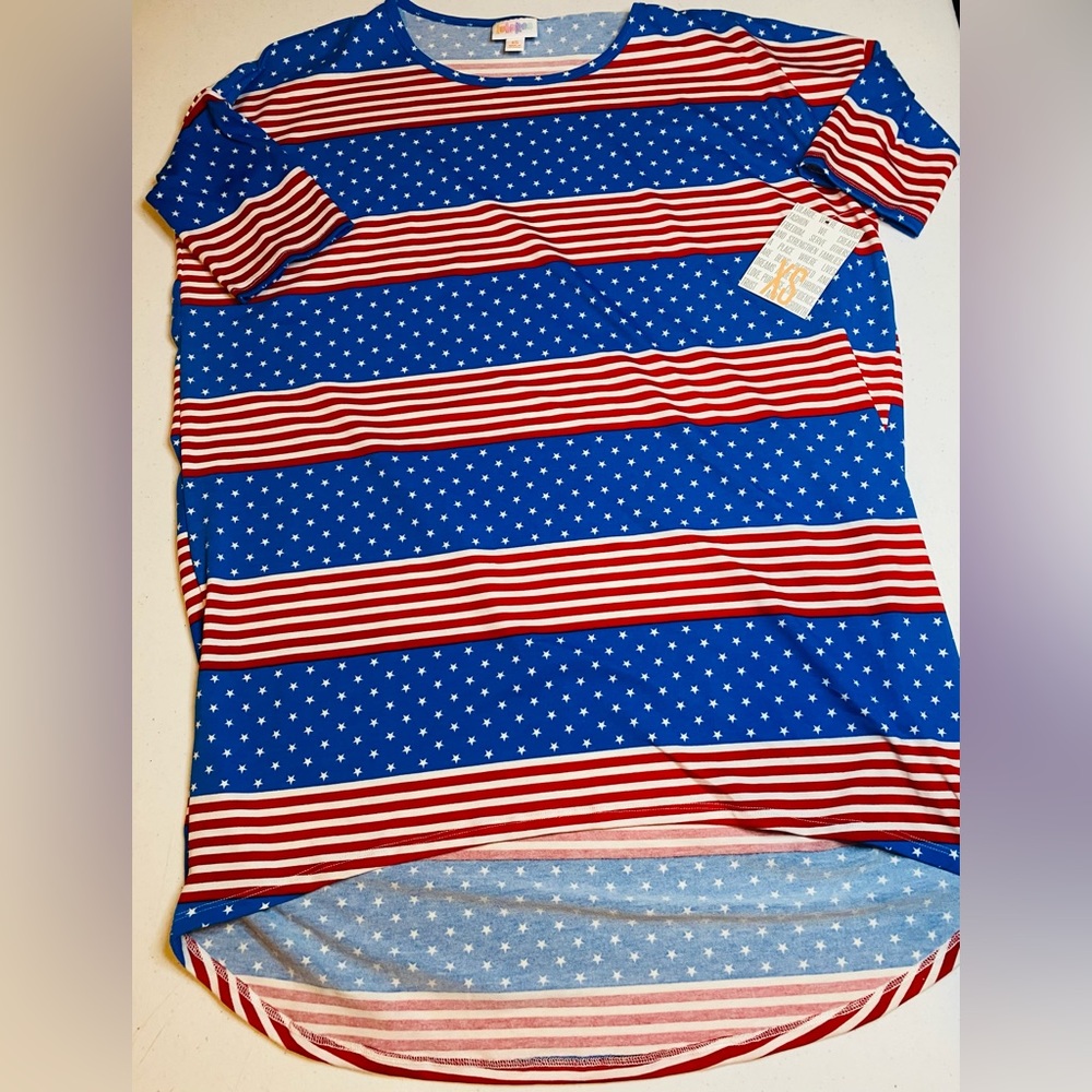 Patriotic Women’s Lularoe Irma Tunic Striped Red, White and Blue size XS